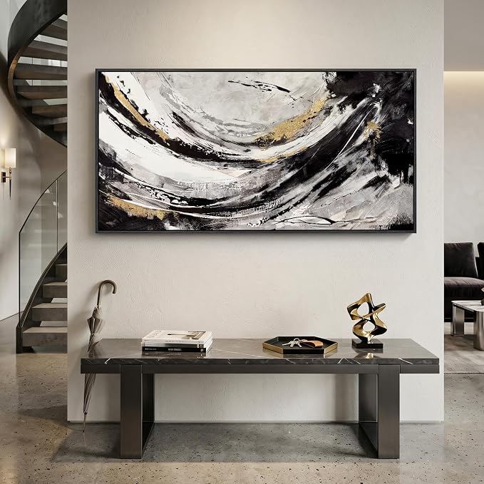 Large Framed Abstract Wall Art for Living Room, Horizontal Black Gold and White - Image 4