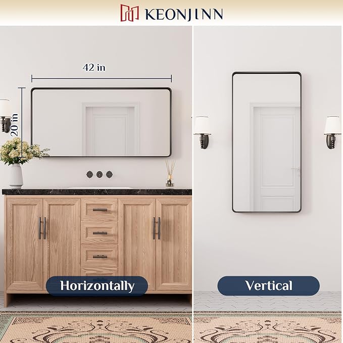 Keonjinn Black Bathroom Mirror for Over Sink, 42 x 20 Inch Rounded Rectangle - Image 8