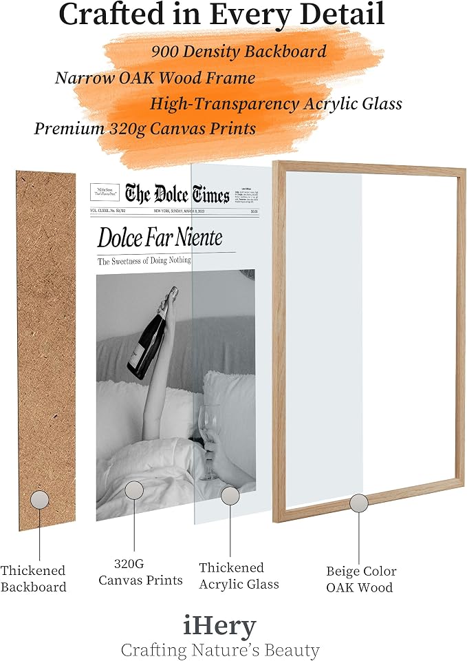 iHery Dolce Far Niente Framed Trendy NewsPaper Wall Art, Natural OAK Wood - Image 4