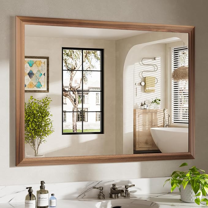 48x36 Inch Bathroom Mirror for Wall, Anti-Rust Walnut Wood Grain Metal Framed by Briivuemodernmirrors