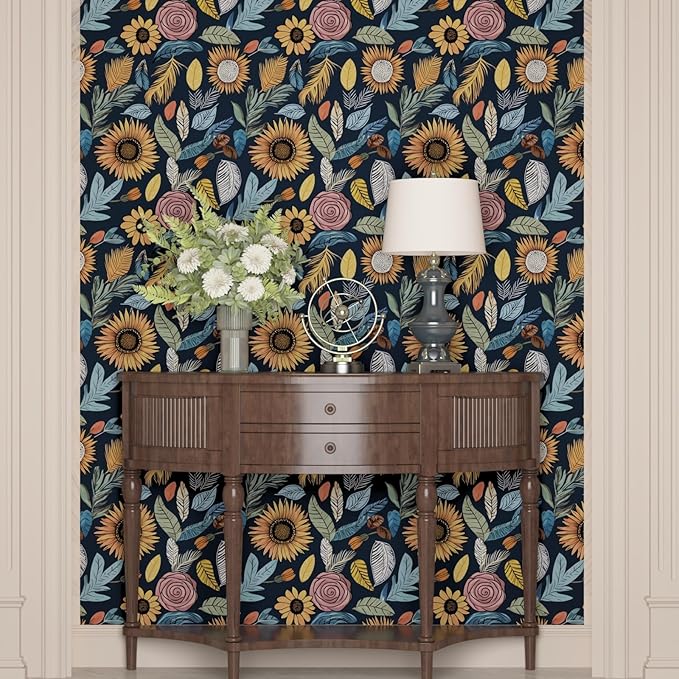 Blue Boho Wallpaper Peel and Stick, Vintage Floral Contact Paper 17.5" x 118" - Image 4