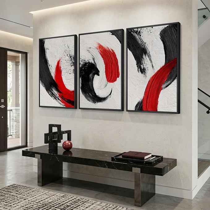 Large Framed Red Black White Abstract Wall Art - Image 2