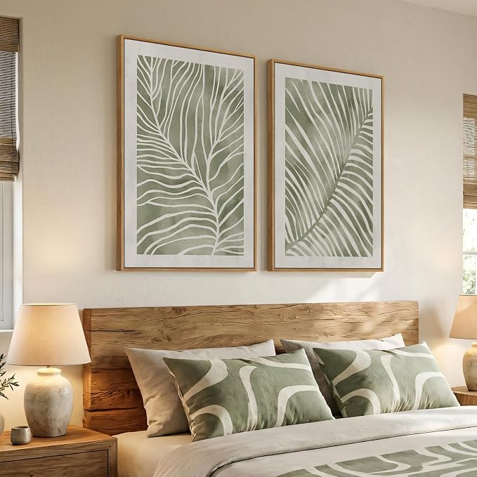 Framed Green Abstract Botanical Wall Art, 2 Piece Tropical Plant Canvas - Image 2
