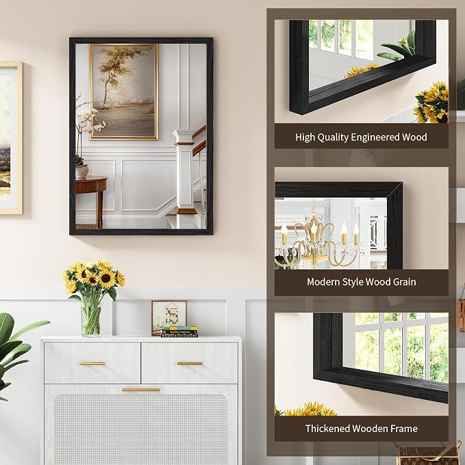 Syndra Black Wood Frame Bathroom Mirror, Waterproof Slim Deep Frame, - Image 3