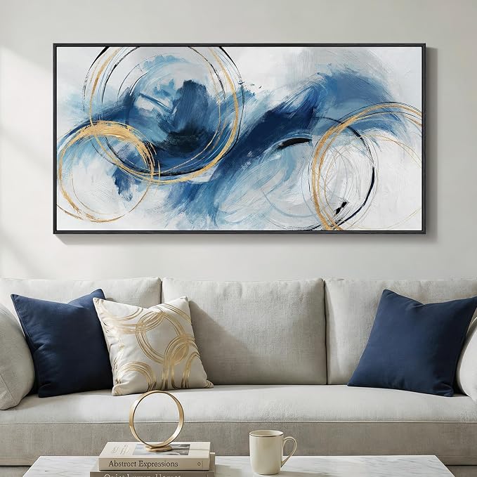 Extra Large Framed Navy Blue Abstract Canvas Wall Art by Cuspin