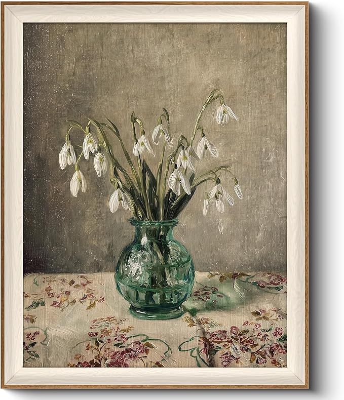 VIYYIEA Framed Wall Art for Living Room, Snowdrop Flowers in Green Glass Vase by VIYYIEAART