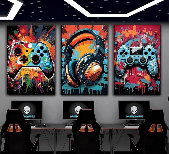 3Pcs Cool Gaming Wall Art Retro Video Game watercolor Posters Pictures Colorful - Image 3