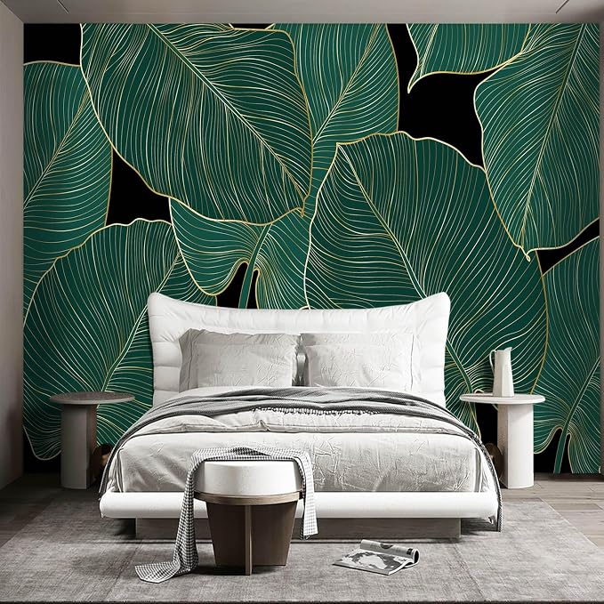 Black and Gold Leaf Mural Bedroom Tropical Green Botanical Wallpaper Room Plant - Image 2
