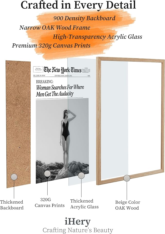 iHery Natural OAK Wood Framed Trendy NewsPaper Wall Art, 12x16in Retro Magazine - Image 3