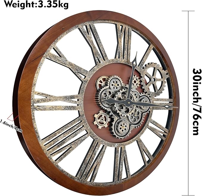The B-Style Large Real Moving Gears Wall Clock 30 inch Rustic Retro Industrial - Image 4