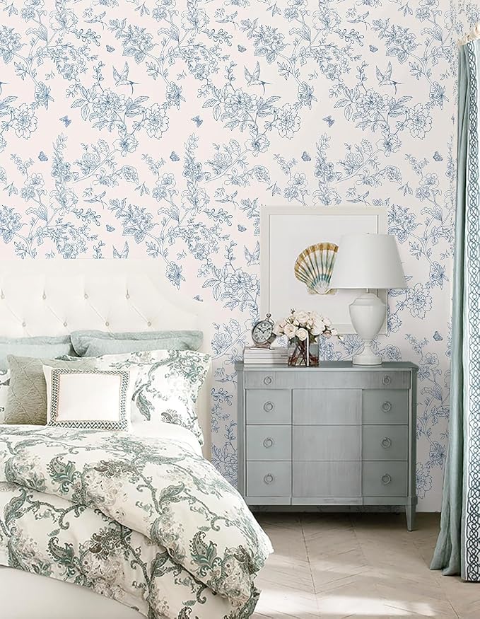 Froluya Cream White and Blue Floral Wallpaper Peel and Stick Wallpaper - Image 8