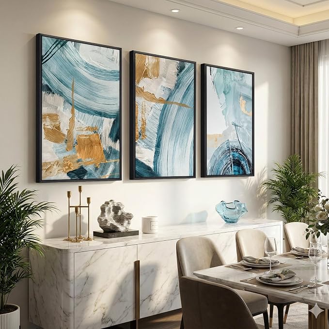 Large Framed Blue and Gold Abstract Wall Art - Image 2