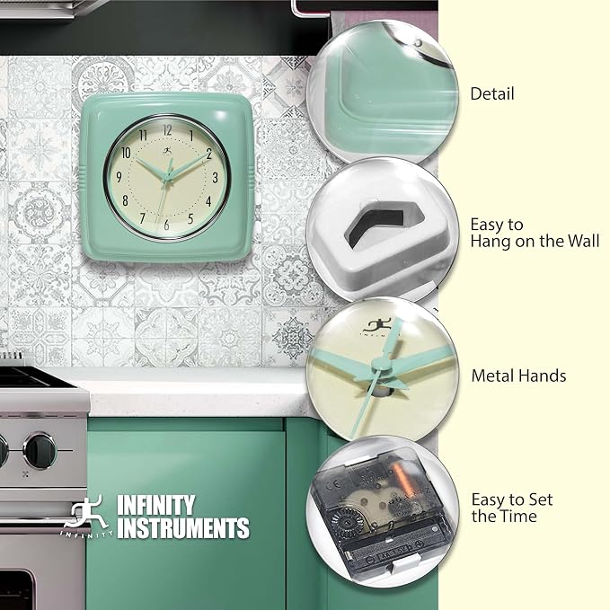 Infinity Instruments Square Retro Wall Clock, Pastel Green - Image 6