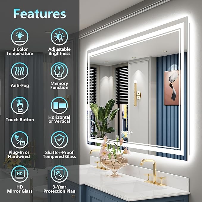 60x28 LED Bathroom Mirror with Lights, Backlit and Front Lit Anti-Fog Lighted - Image 2