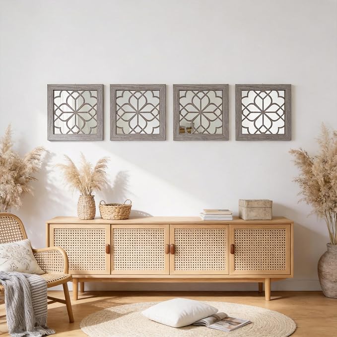 Set of 2 14 Inch Square Brown Window Pane Wall Mirrors, Shatterproof Rustic - Image 7