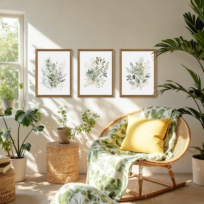 WRFON Framed Sage Green Botanical Wall Art Set of 3, Watercolor Eucalyptus & - Image 3