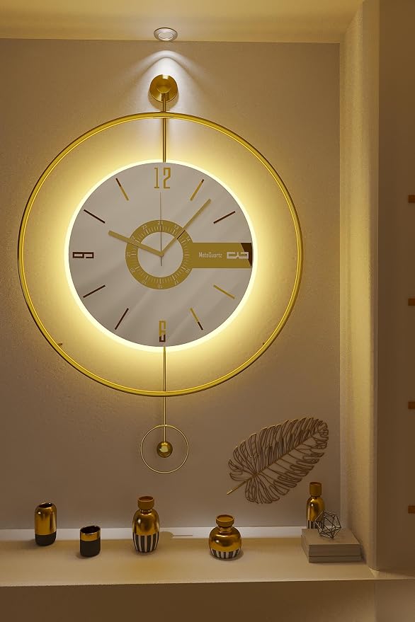 Large Luxury LED Backlit Wall Clock – Pendulum Roman Numeral Metal Ring by Unknown