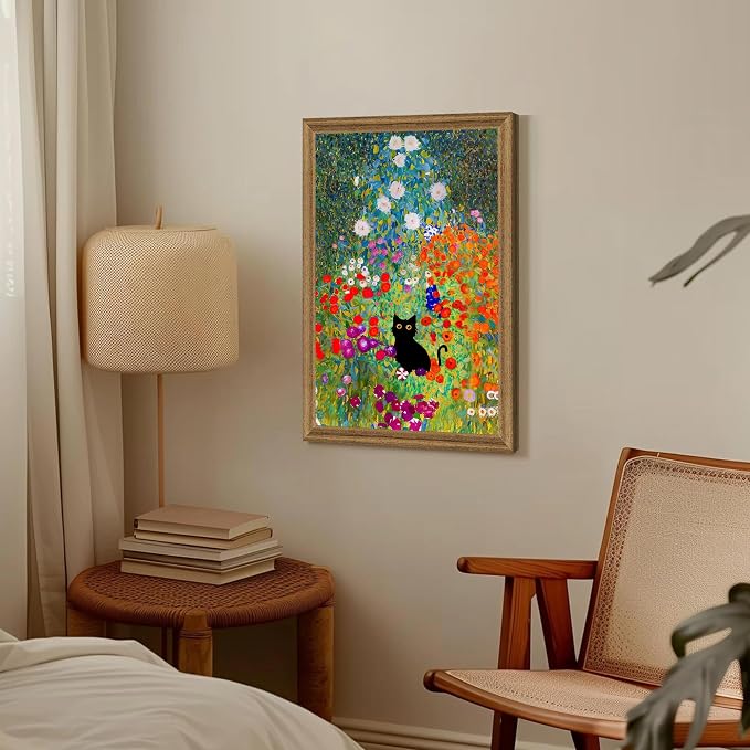 Fantasy Artists Gustav Klimt Canvas Wall Art, Framed Aesthetic Cat Floral Wall - Image 2