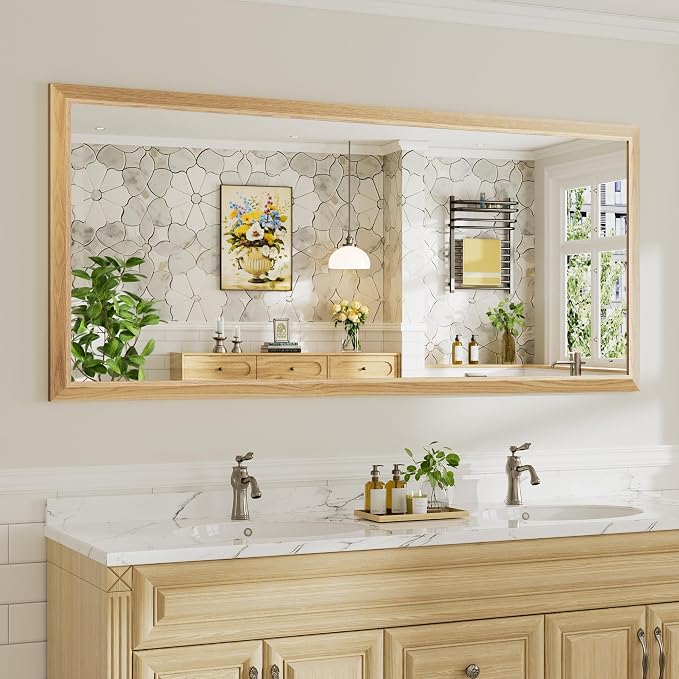 72x32 Inch Bathroom Mirror for Wall, Anti-Rust Oak Wood Grain Metal Framed by Briivuemodernmirrors