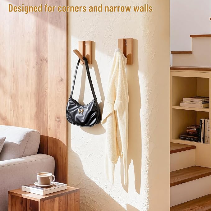 Wall Hooks for Small Space: Foldable Wooden Natural Coat Hooks 2Pack for - Image 7