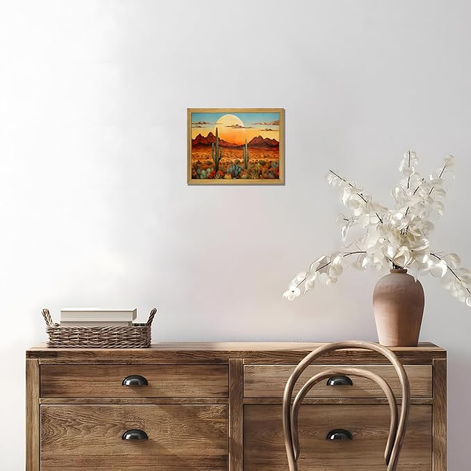 Framed Western Desert Sunset Cactus Wall Art, Vintage Southwest Nature - Image 5