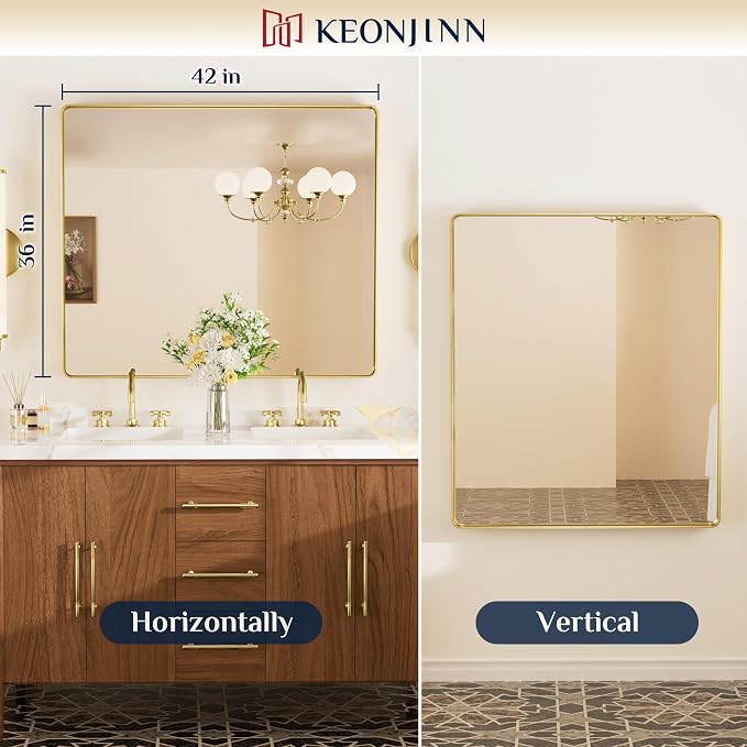 Keonjinn Gold Bathroom Mirrors for Over Sink 42” x 36” Large Brushed Brass - Image 9