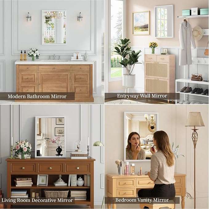 Syndra White Wood Frame Bathroom Mirror, Waterproof Slim Deep Frame, - Image 5