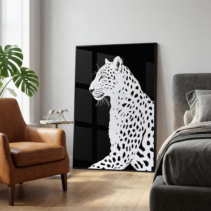Framed Modern Animal Black and White Wall Art, Large Leopard Animal Prints - Image 4