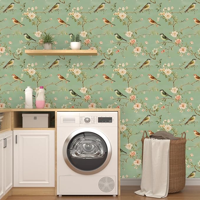 Laatse Green Floral Wallpaper Peel and Stick Bird Wallpaper Pink Flower Contact - Image 3