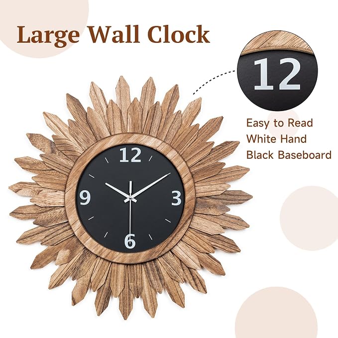 Honiway Large Wall Clock Battery Operated 21 in Rustic Wood Boho Sunburst - Image 3