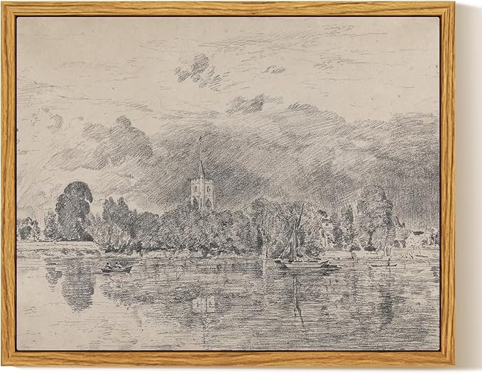 InSimSea Framed Canvas Wall Art, Neutral Sketch Landscape Painting, Rustic by InSimSeaArt