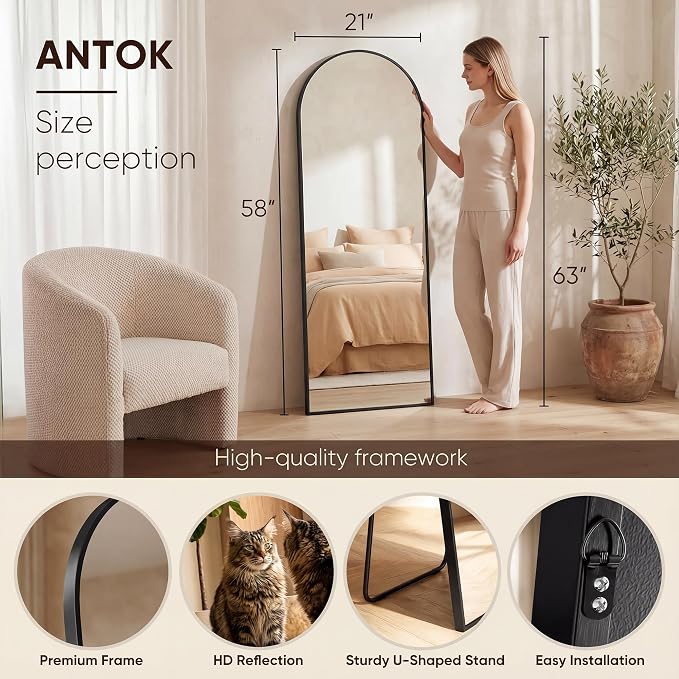 Antok 58" x21” Arched Full Length Floor Mirror, Free Standing/Wall Mount/Leaning - Image 4