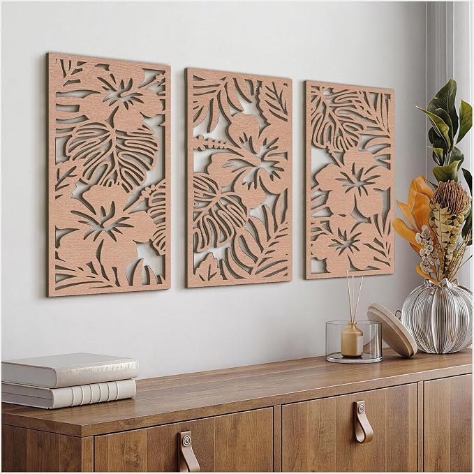 VIYYIEA Boho Solid Wood Carved Wall Art Set of 3, Geometric Minimalist Wooden by VIYYIEAART