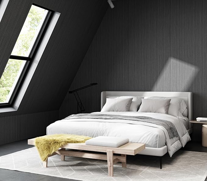Black Grasscloth Wallpaper Peel and Stick Fabric Linen Textured 24"x394" - Image 6