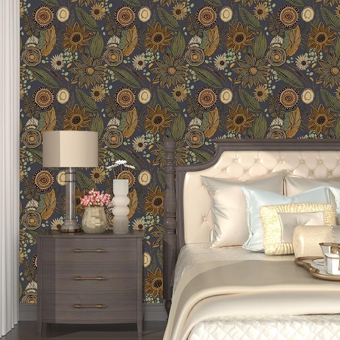 Boho Wallpaper Peel and Stick, Vintage Blue Yellow Floral Contact Paper - Image 2