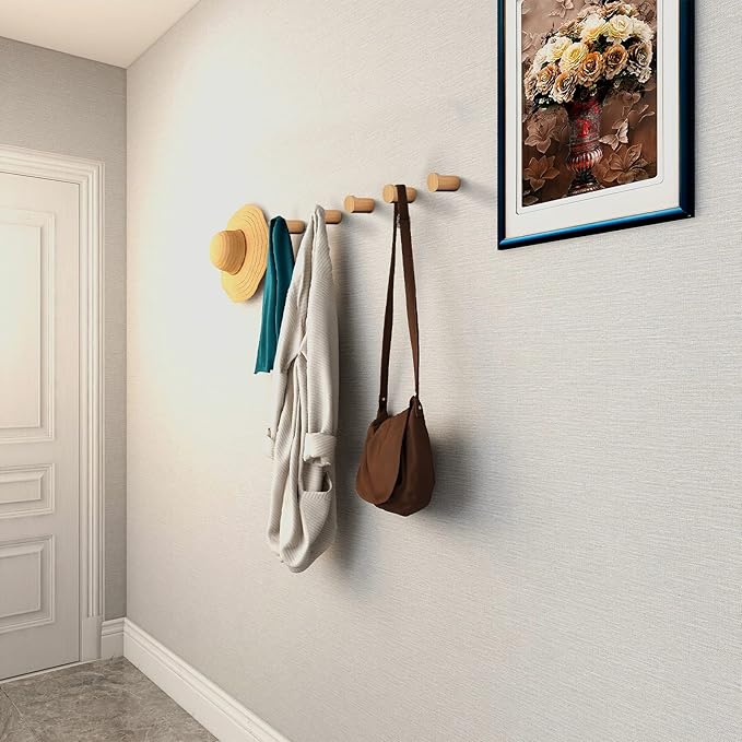 bsdonte Wood Wall Hooks 6 Pack, Natural Wooden Coat Hooks Wall Mounted - Image 2