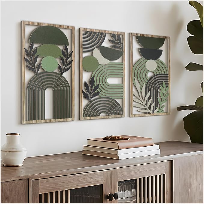 VIYYIEA Boho Solid Wood Carved Wall Art Set of 3, Geometric Minimalist Wooden by VIYYIEAART