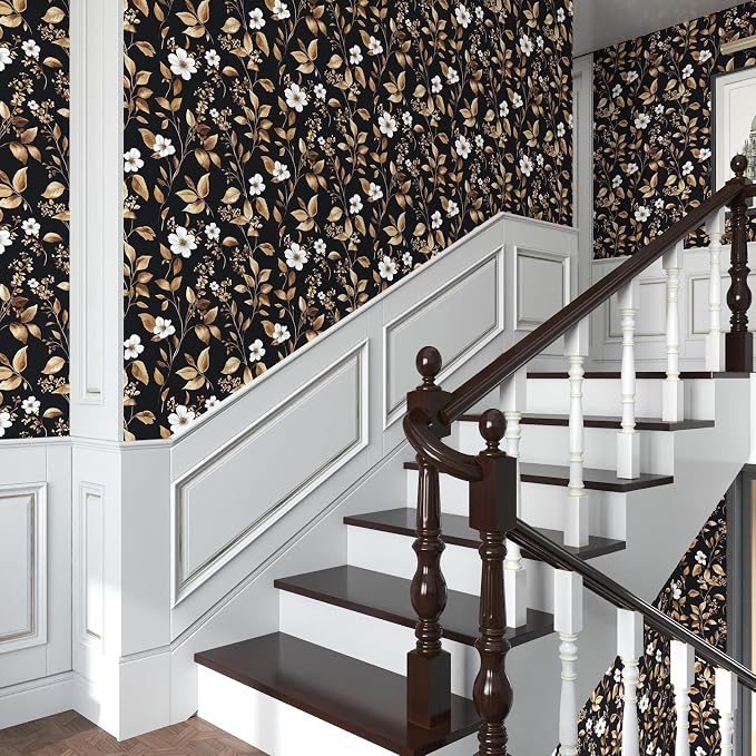 Vintage Black Peel and Stick Wallpaper – Black and Gold Floral Leaf Design Dark - Image 3