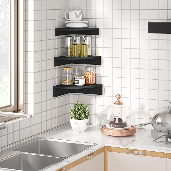 Alsonerbay Black Corner Shelf Wall Mount, Rustic Wood Shelves - Image 4