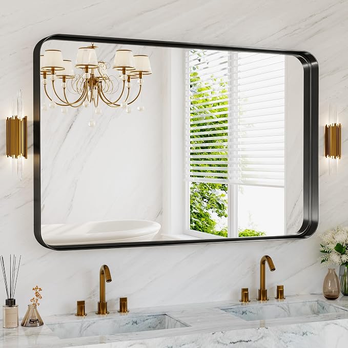 48X30 Inch Black Metal Framed Bathroom Mirror - Image 3