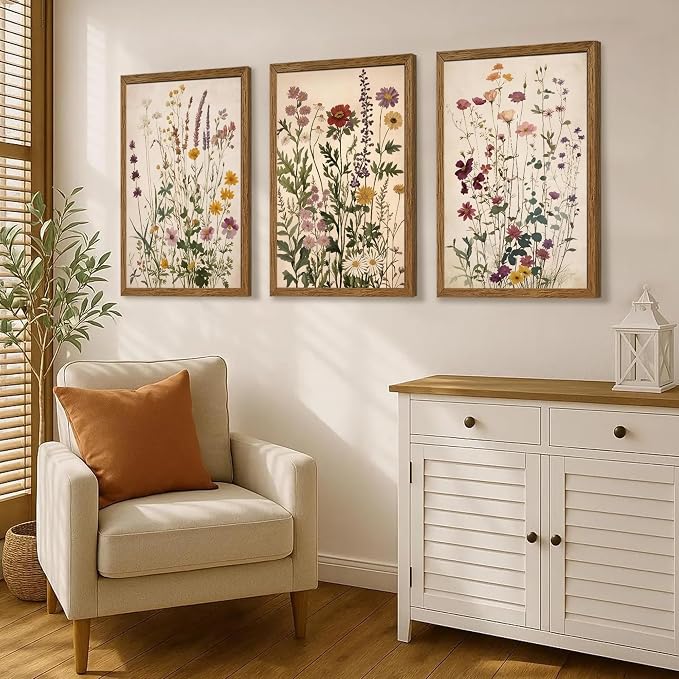 WRFON Botanical and Flower Canvas Wall Art, Framed Wildflower Wall Art Set of 3 - Image 4