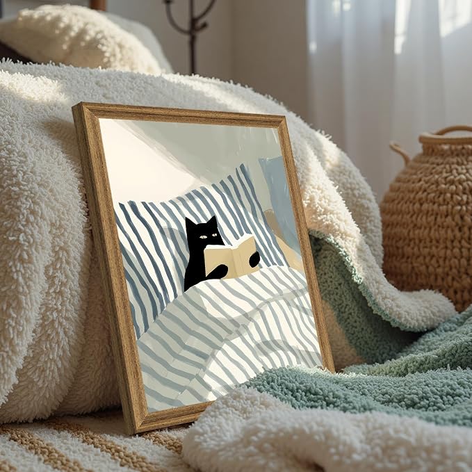 Fantasy Artists Reading Black Cat on Bed Wood Framed Wall Art, 12x16 Inches - Image 4