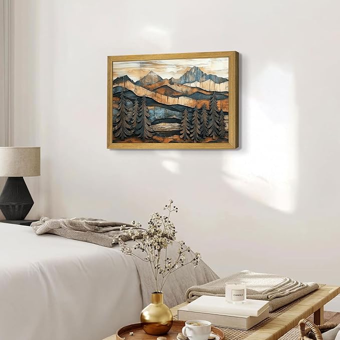 Vintage Boho Mountain Wall Art, Framed Landscape Canvas Wall Art, Nature Forest - Image 4