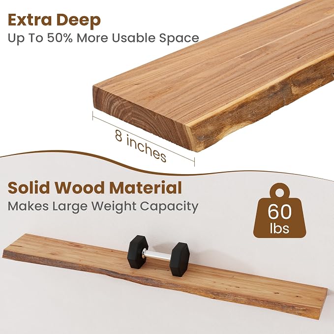 Floating Shelves for Wall Decor, Rustic Solid Elm Wood Live Edge Floating - Image 5