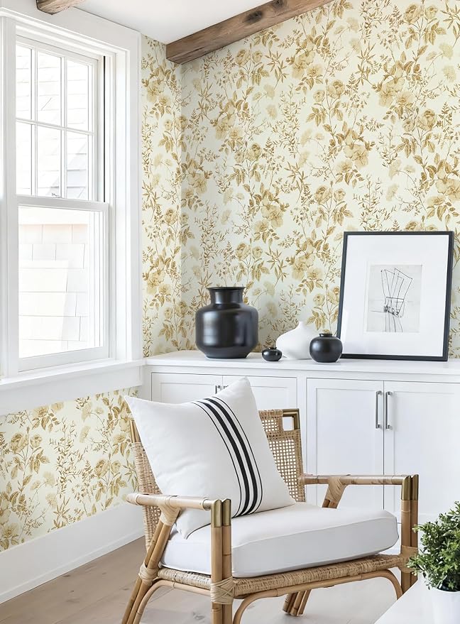Erfoni 16.9" x118" Boho Floral Peel and Stick Wallpaper Yellow Brown Flower - Image 3