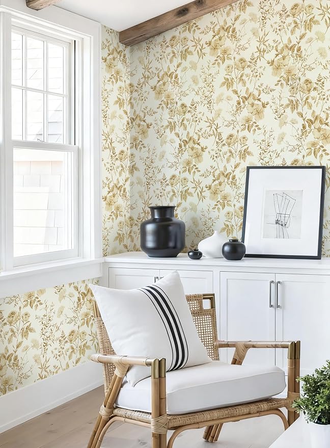 Erfoni 16.9" x197" Yellow Brown Floral Peel and Stick Wallpaper Boho Floral - Image 6