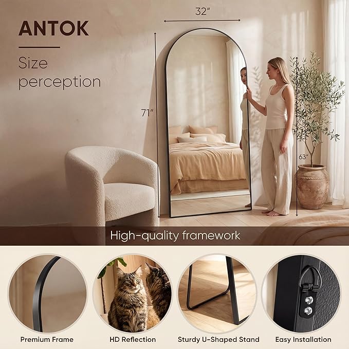 Antok 71" x32” Arched Full Length Floor Mirror, Free Standing/Wall Mount/Leaning - Image 3