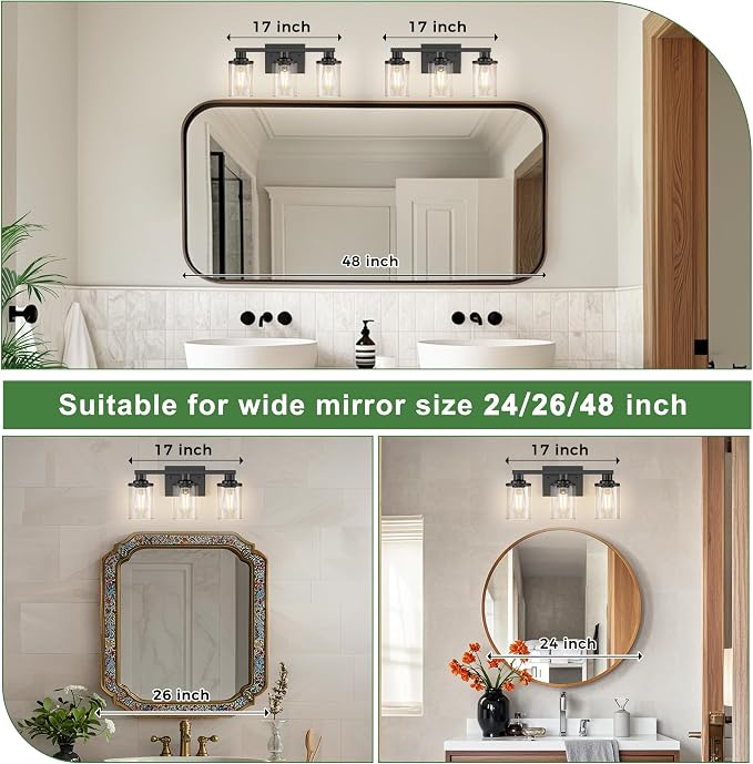 DORESshop 17 Inch Bathroom Light Fixtures, 3-Light Black Bathroom Lighting - Image 2