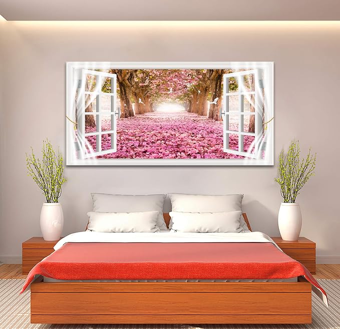 AH40174 Wall Art CanvasTrees and Pink Rose Paintings Printed Pictures Stretched - Image 2