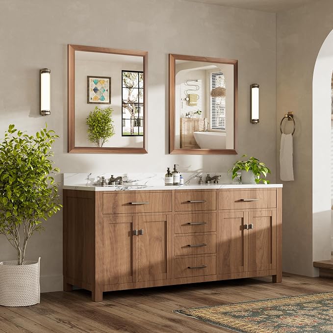 36x30 Inch Bathroom Mirror for Wall, Anti-Rust Walnut Wood Grain Metal Framed - Image 3